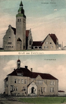 pocztówka - Gruss aus Zabikowo - Ewangel. Kirche - Krankenhaus