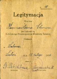 1936 - Katolickie Stowarzyszenie Młodzieży Żeńskiej (legitymacja)